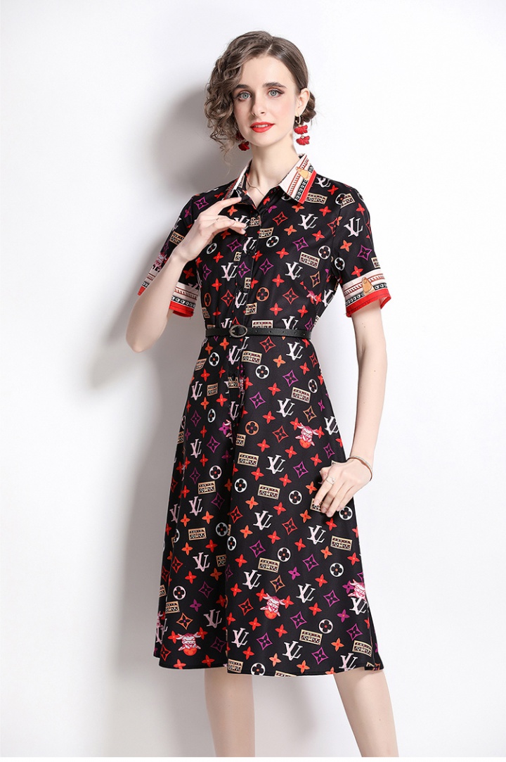 Summer printing pinched waist fashion lapel dress