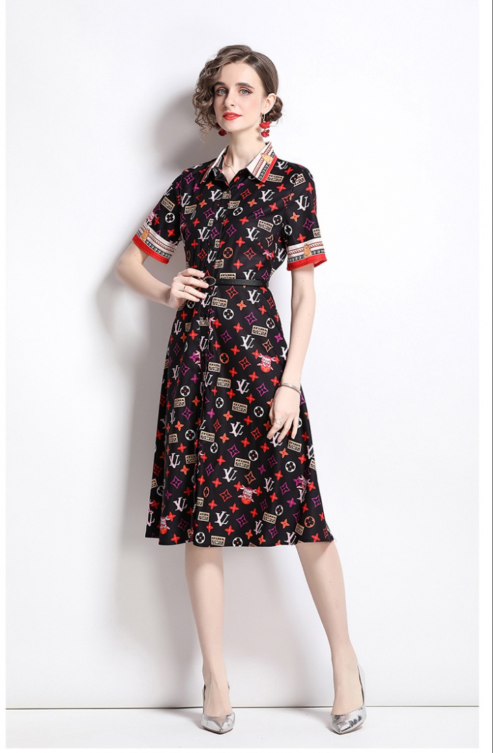 Summer printing pinched waist fashion lapel dress