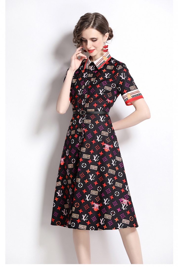 Summer printing pinched waist fashion lapel dress