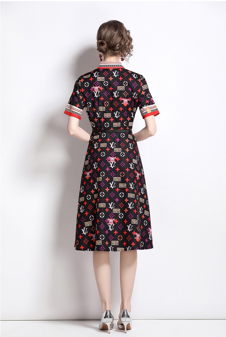 Summer printing pinched waist fashion lapel dress