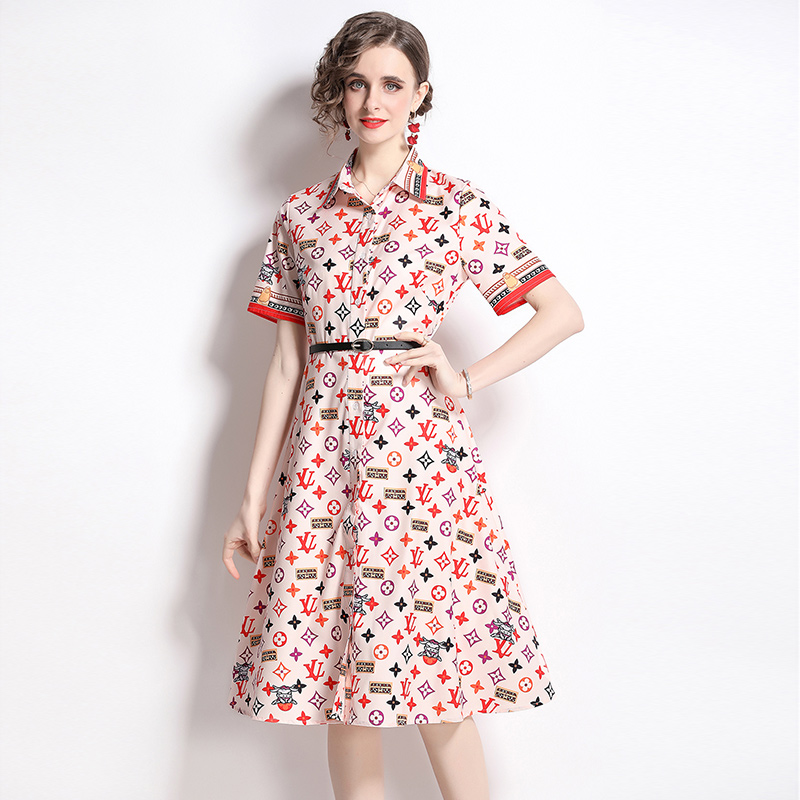 Summer printing pinched waist fashion lapel dress