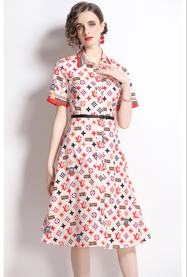 Summer printing pinched waist fashion lapel dress