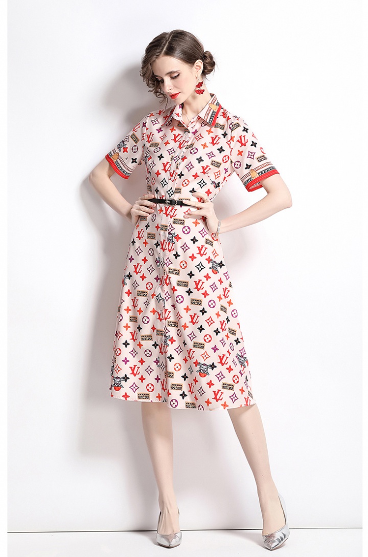 Summer printing pinched waist fashion lapel dress