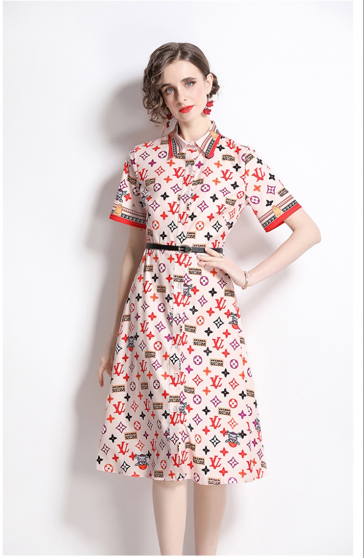 Summer printing pinched waist fashion lapel dress