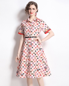 Summer printing pinched waist fashion lapel dress
