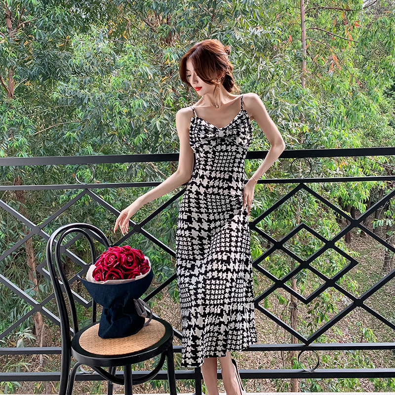 Light retro dress houndstooth France style strap dress