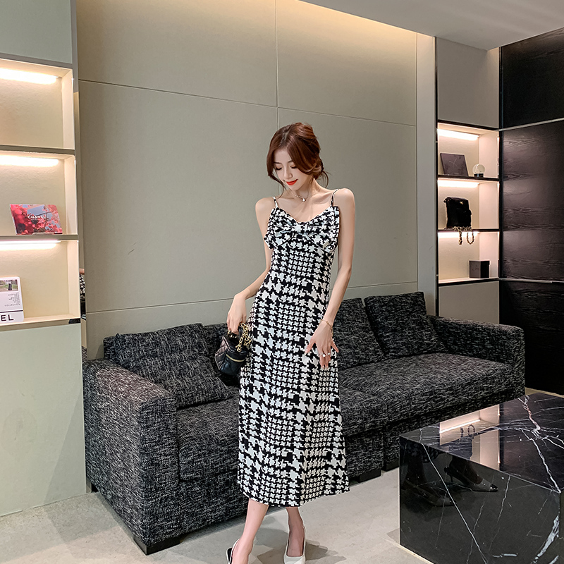 Light retro dress houndstooth France style strap dress