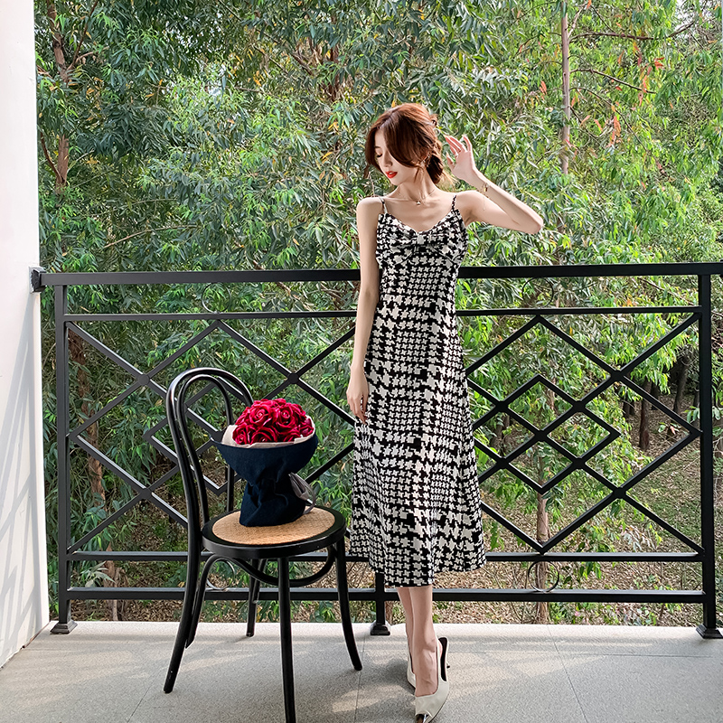 Light retro dress houndstooth France style strap dress