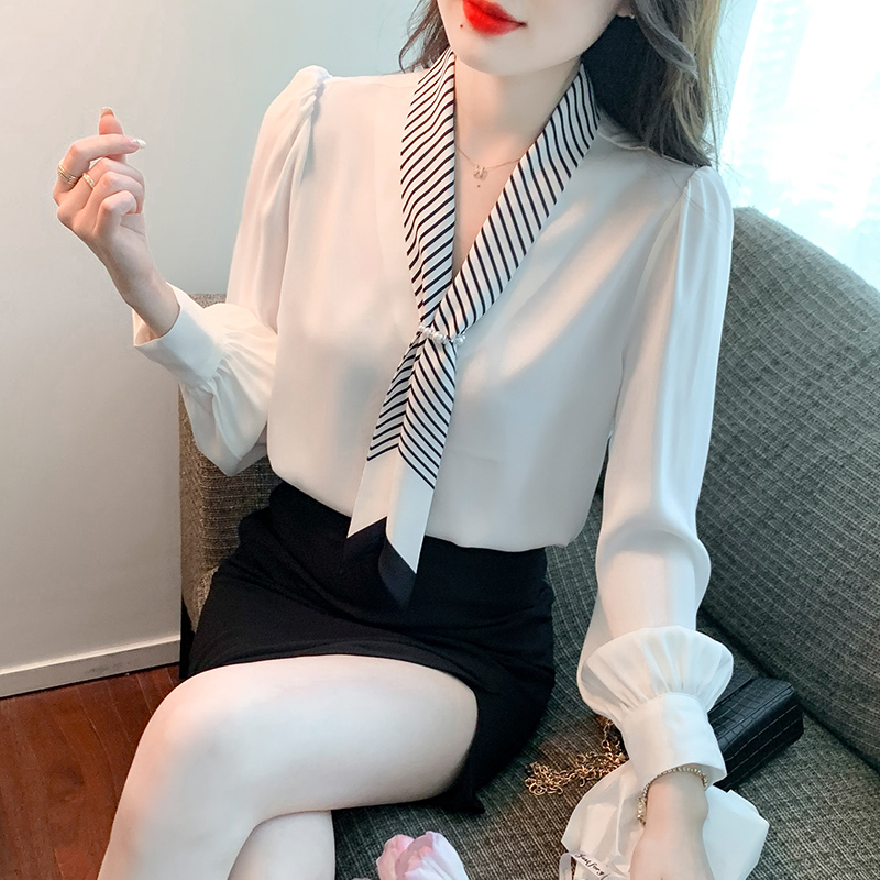 Long sleeve all-match splice shirt frenum bow summer tops