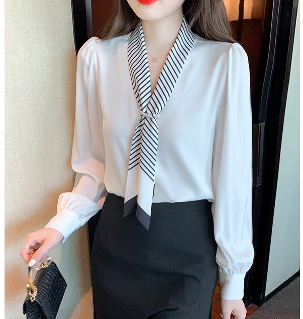 Long sleeve all-match splice shirt frenum bow summer tops