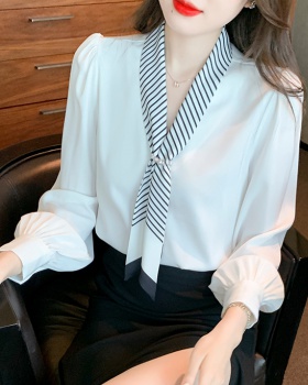Long sleeve all-match splice shirt frenum bow summer tops