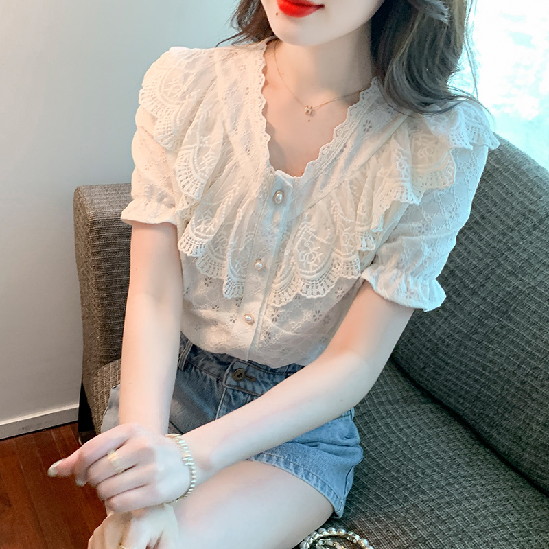 Lace short sleeve splice shirt summer V-neck tops for women