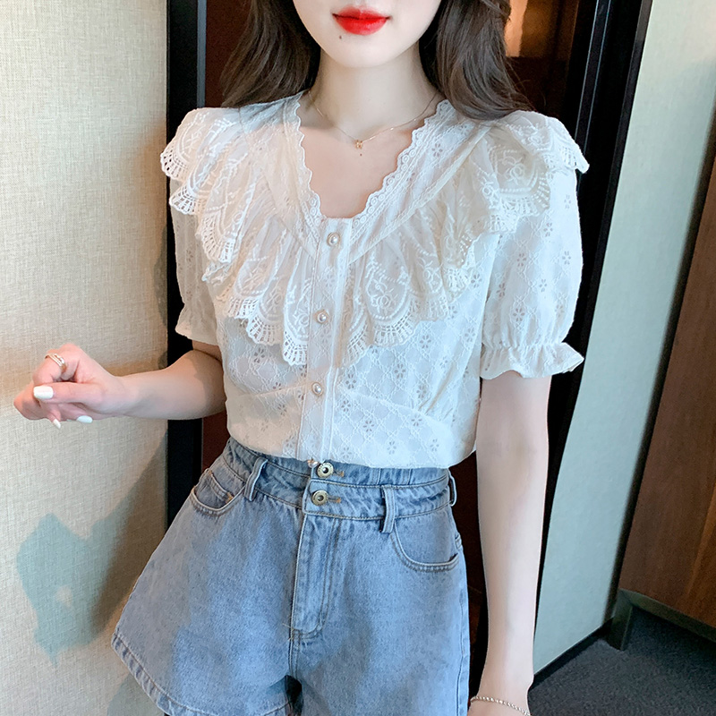 Lace short sleeve splice shirt summer V-neck tops for women