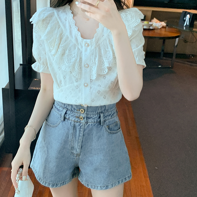 Lace short sleeve splice shirt summer V-neck tops for women