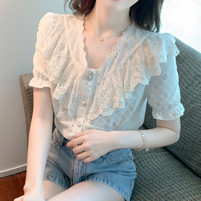 Lace short sleeve splice shirt summer V-neck tops for women