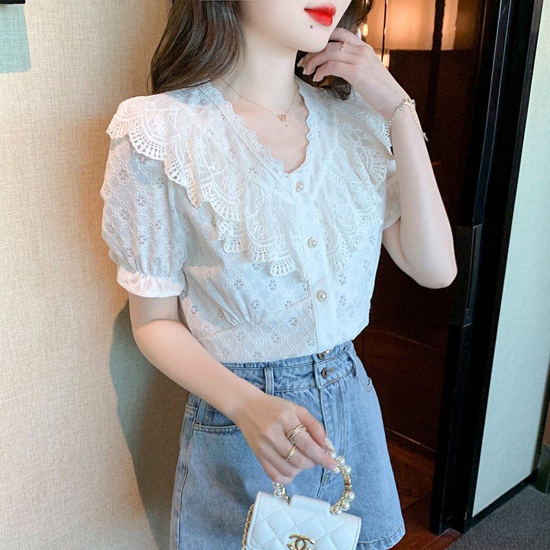 Lace short sleeve splice shirt summer V-neck tops for women