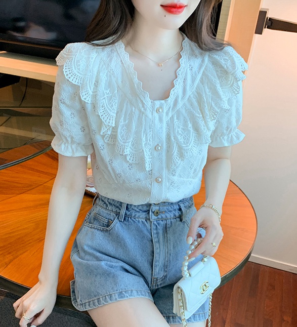 Lace short sleeve splice shirt summer V-neck tops for women