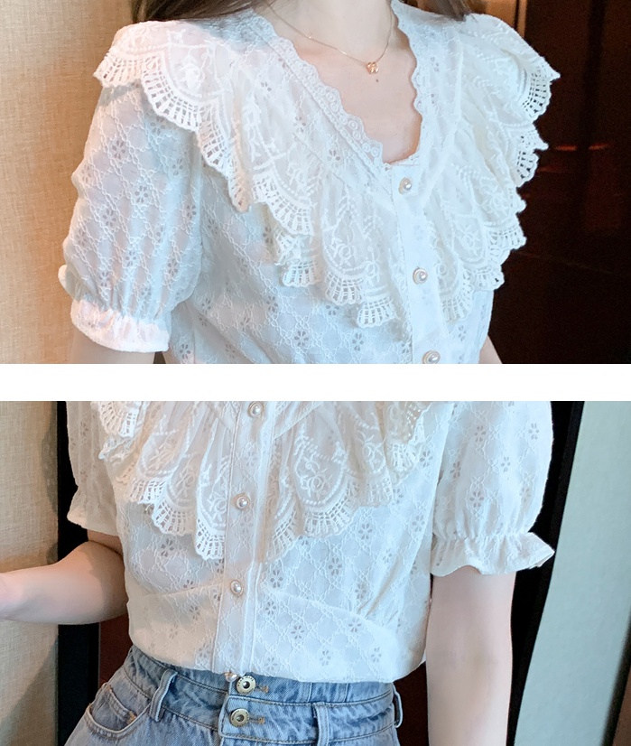 Lace short sleeve splice shirt summer V-neck tops for women