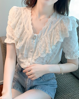 Lace short sleeve splice shirt summer V-neck tops for women
