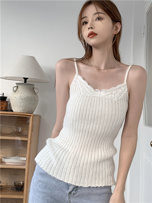 Knitted sling V-neck mohair tops