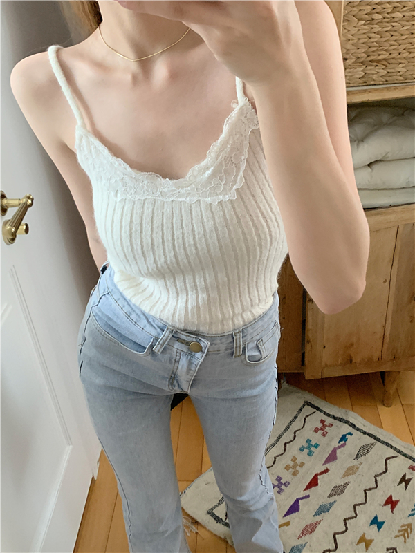 Knitted sling V-neck mohair tops