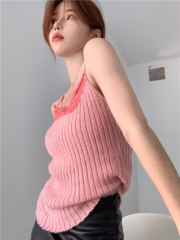 Knitted sling V-neck mohair tops