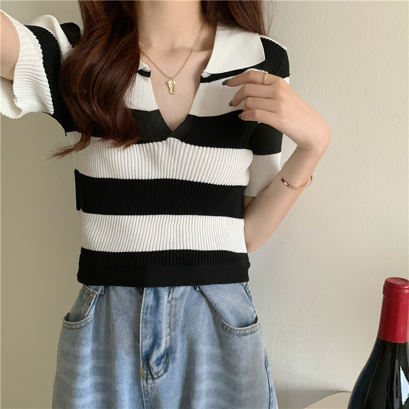 Knitted bandage V-neck short sleeve summer tops