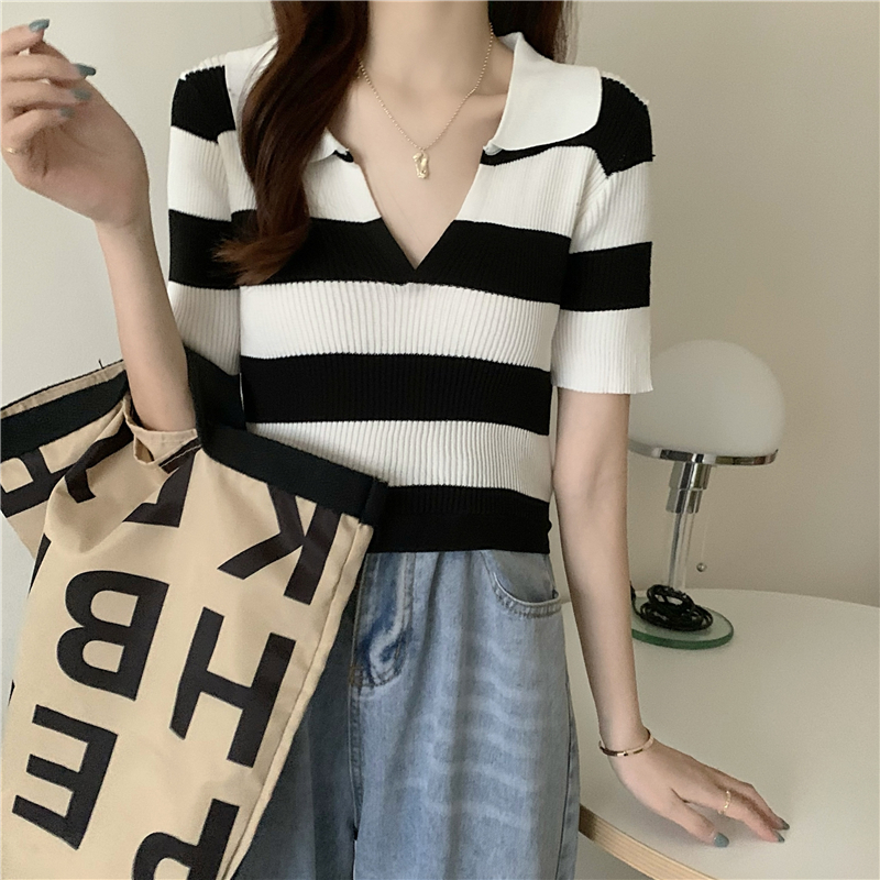 Knitted bandage V-neck short sleeve summer tops