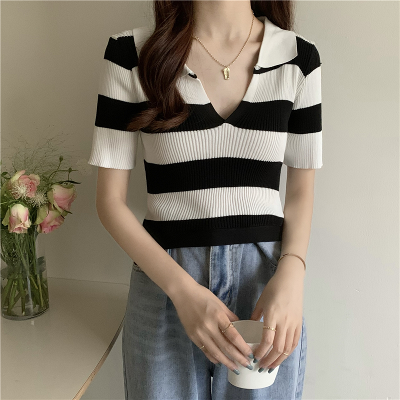 Knitted bandage V-neck short sleeve summer tops