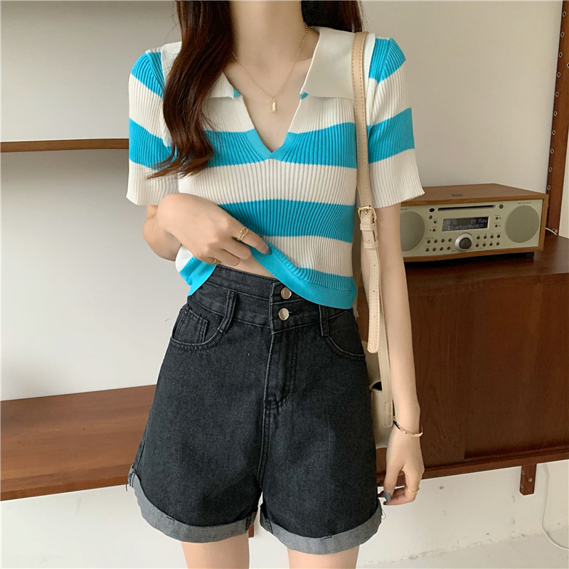 Knitted bandage V-neck short sleeve summer tops