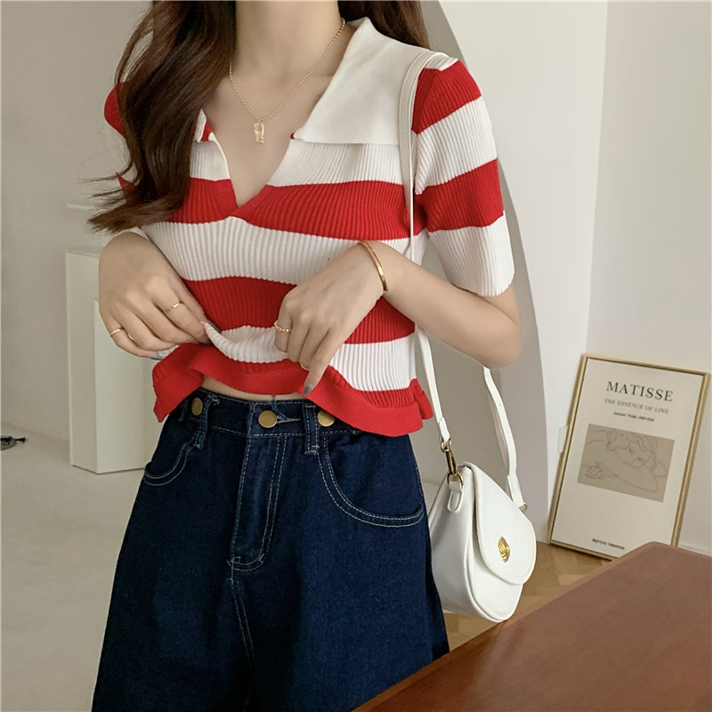 Knitted bandage V-neck short sleeve summer tops