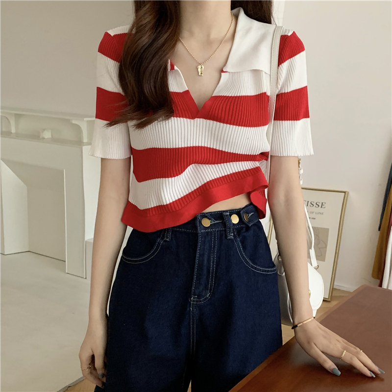 Knitted bandage V-neck short sleeve summer tops