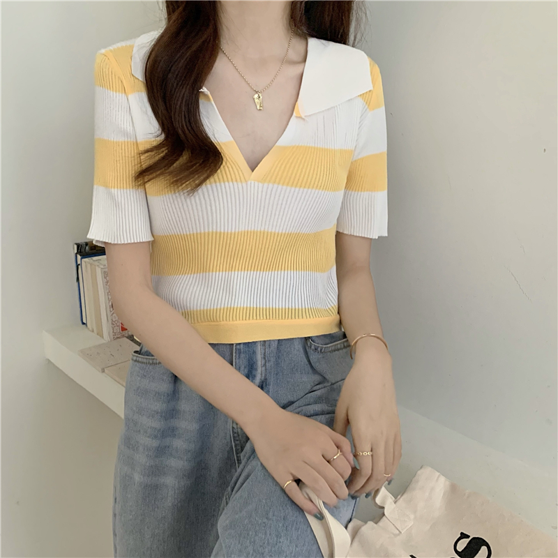 Knitted bandage V-neck short sleeve summer tops