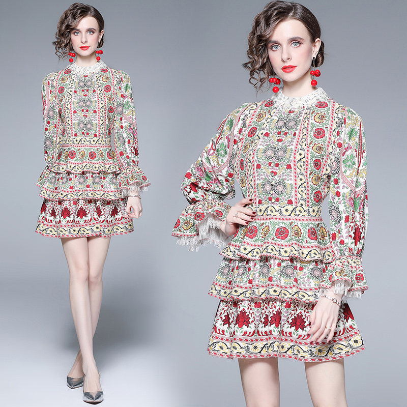 France style retro court style printing high waist cake dress