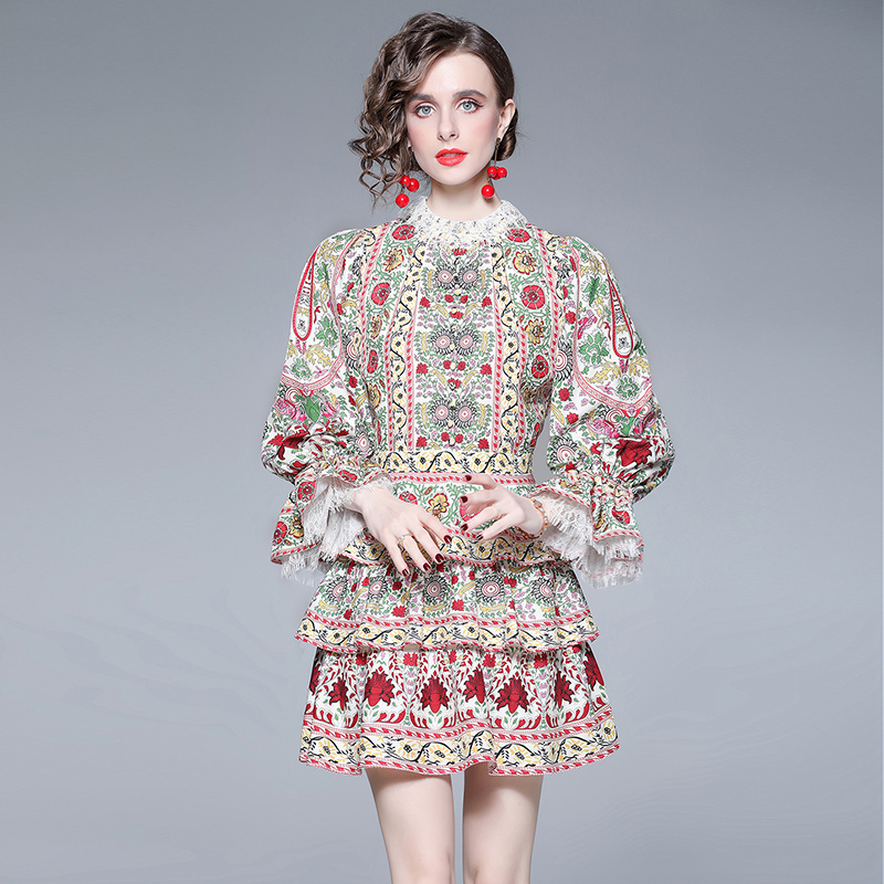 France style retro court style printing high waist cake dress