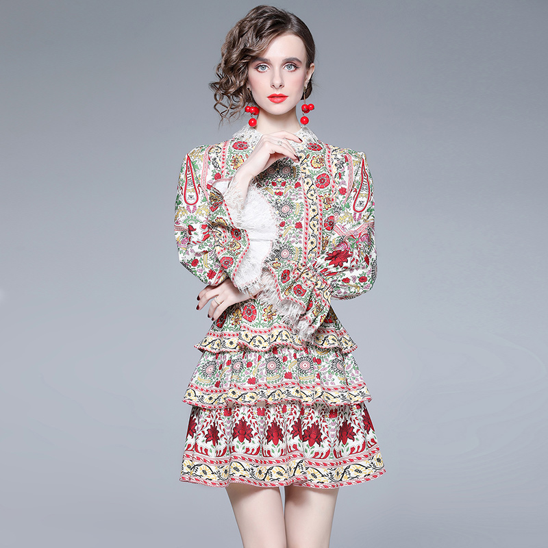 France style retro court style printing high waist cake dress