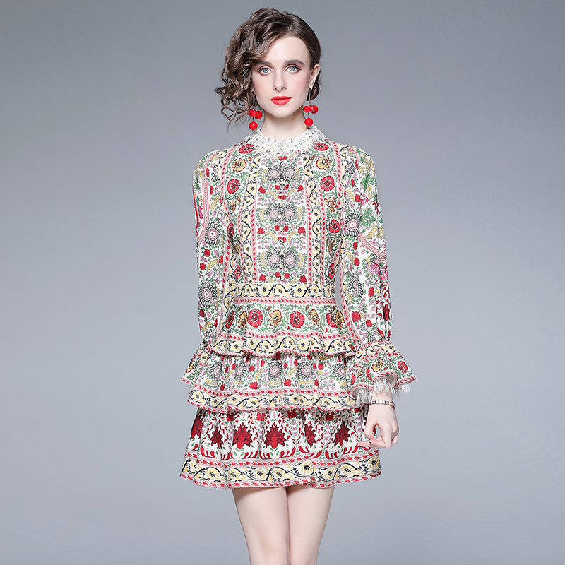 France style retro court style printing high waist cake dress