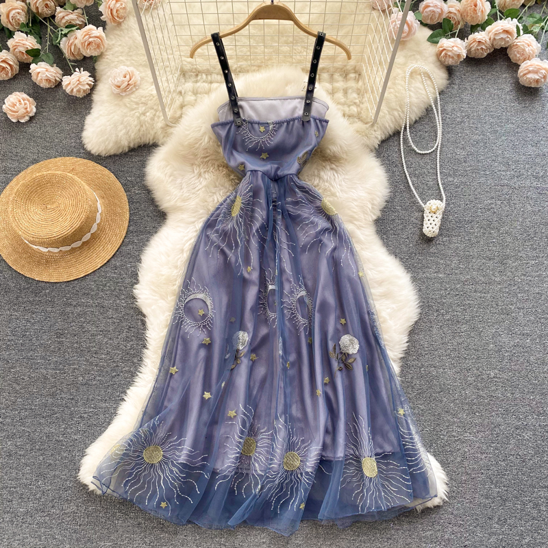 Big skirt sling dress embroidery long dress for women
