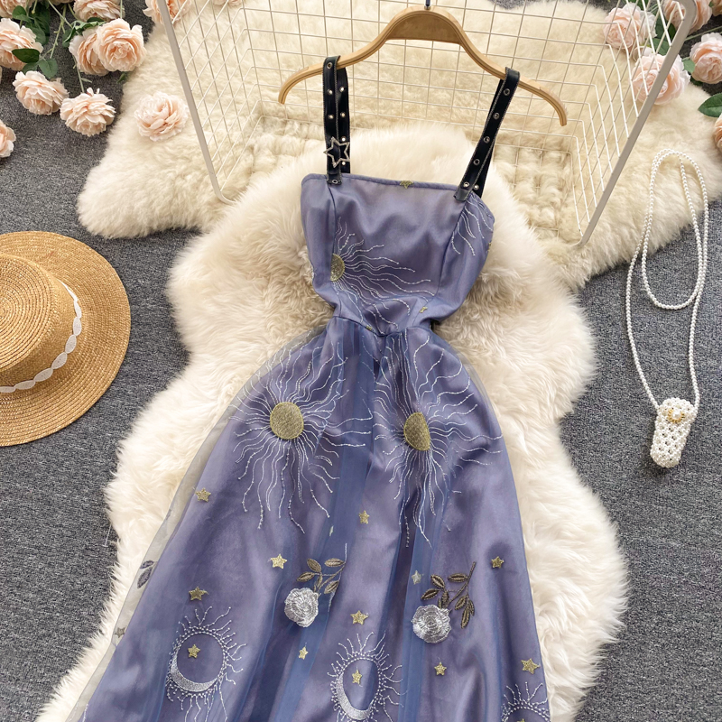 Big skirt sling dress embroidery long dress for women