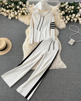 Hooded wide leg pants knitted hoodie 2pcs set for women