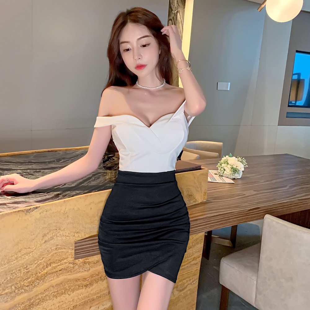 Mixed colors tight irregular slit package hip shoulder dress