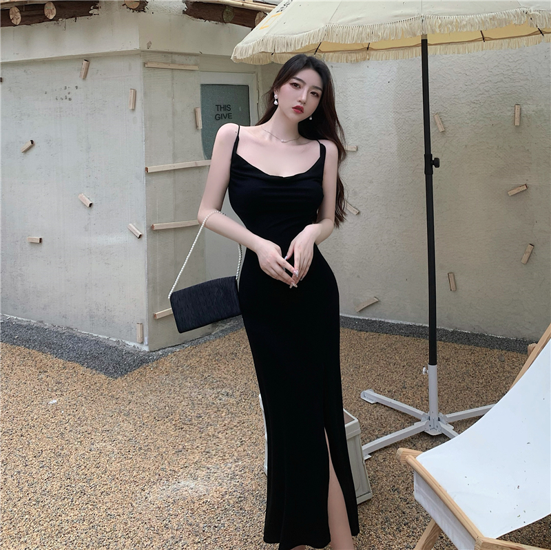 Heap collar sling dress slim pinched waist long dress