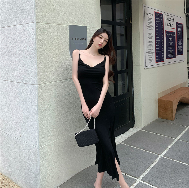 Heap collar sling dress slim pinched waist long dress