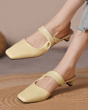 Lady square head thick summer middle-heel slippers for women