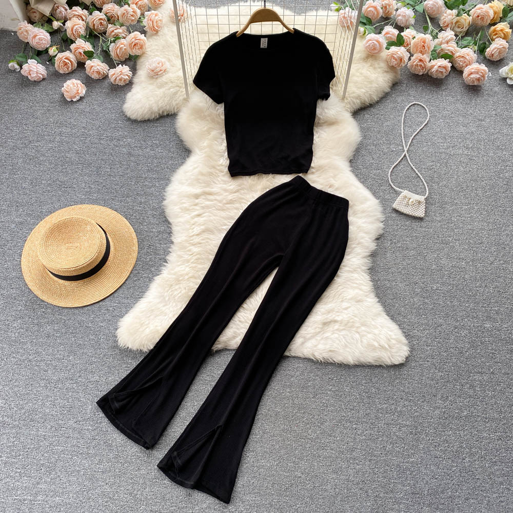 Retro drape tops high waist flare pants 2pcs set for women