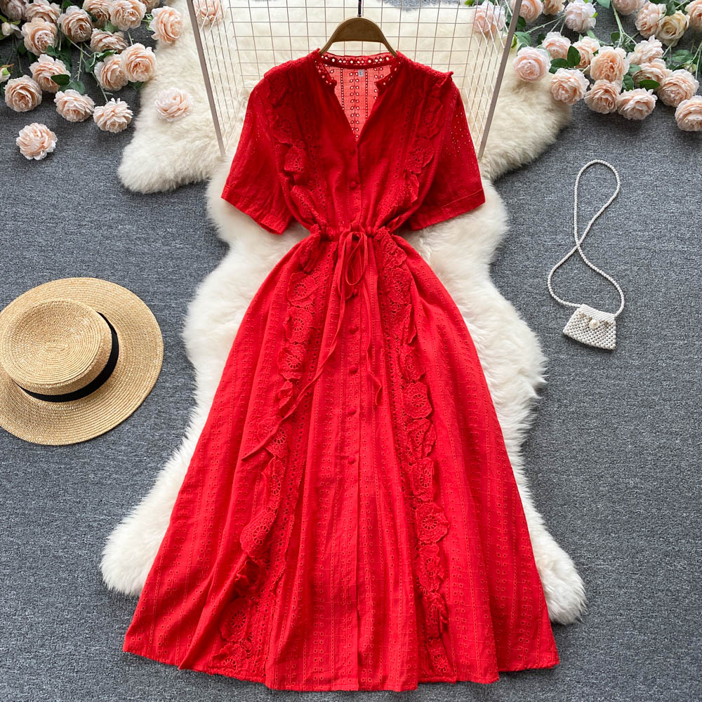 Lace France style dress V-neck exceed knee long dress