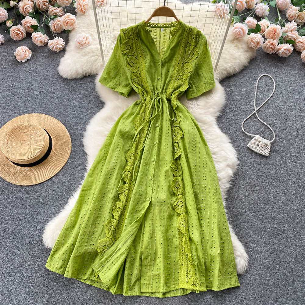 Lace France style dress V-neck exceed knee long dress