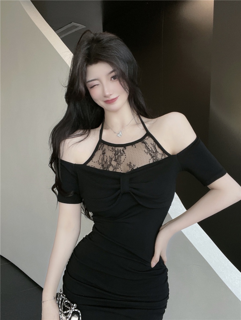 Knitted temperament splice lace slim package hip dress