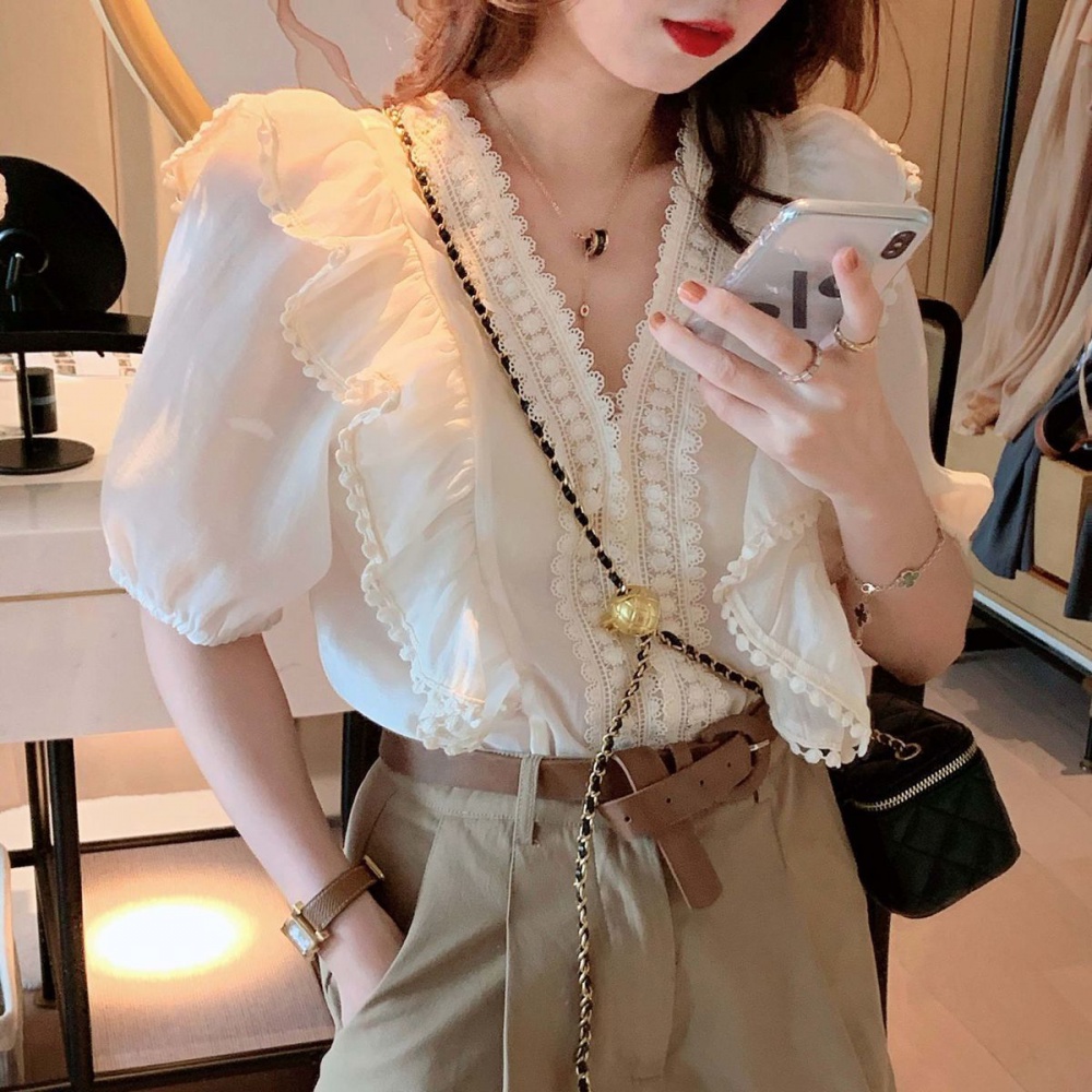 Summer France style white tops lace short sleeve shirt