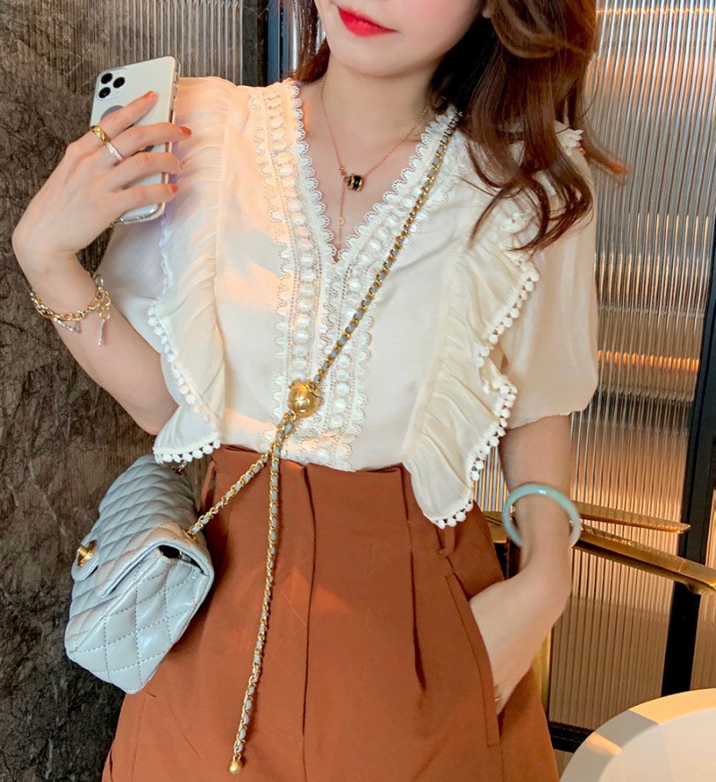 Summer France style white tops lace short sleeve shirt